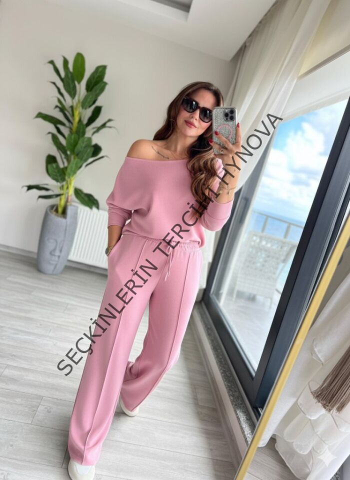 Kadın Uzun Kollu Tek Omuzdan Açık Dalgıç Bluz Ve Pantolon Ikili Takım