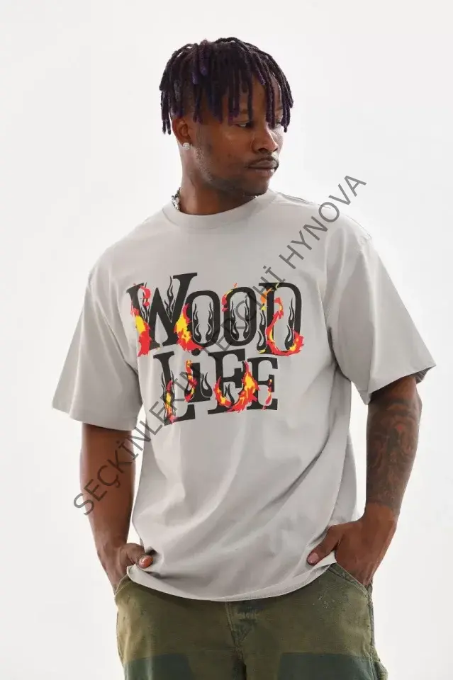 Unisex Baskılı Oversize T-Shirt - Gri