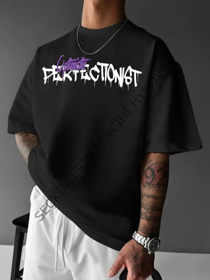 Baskılı Oversize Bisiklet Yaka T-shirt - Siyah