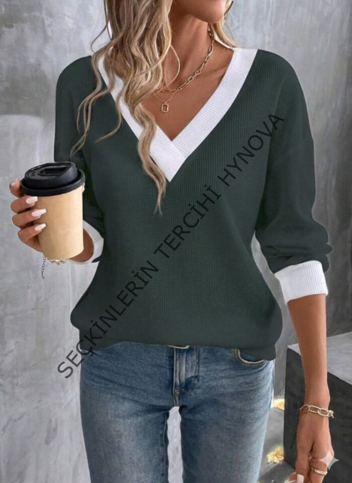 Kadın Uzun Kollu V Yakalı Waffle Bluz