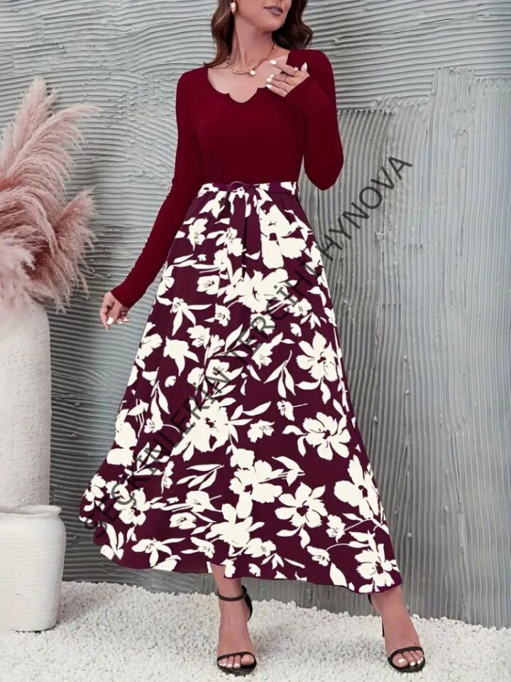 Kadın Uzun Kollu Yaka Açık üst Kaşkorse Beli Kuşaklı Alt çiçek Baskılı Dalgıç Elbise