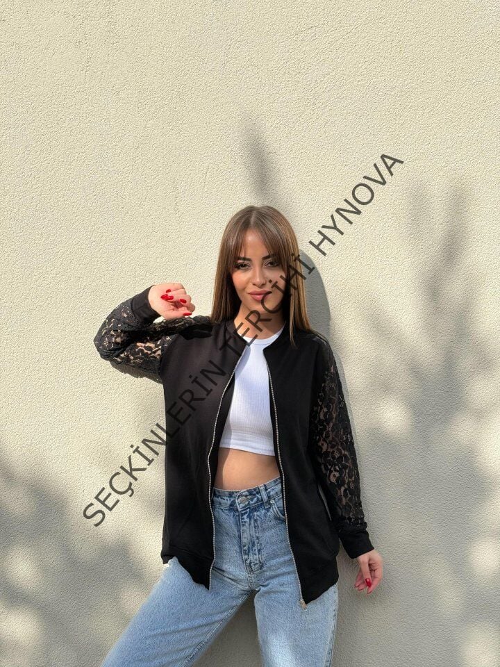 Kadın Uzun Kollu Kolları Dantel Detay önden Fermuarlı Viskon Iki Iplik Ceket