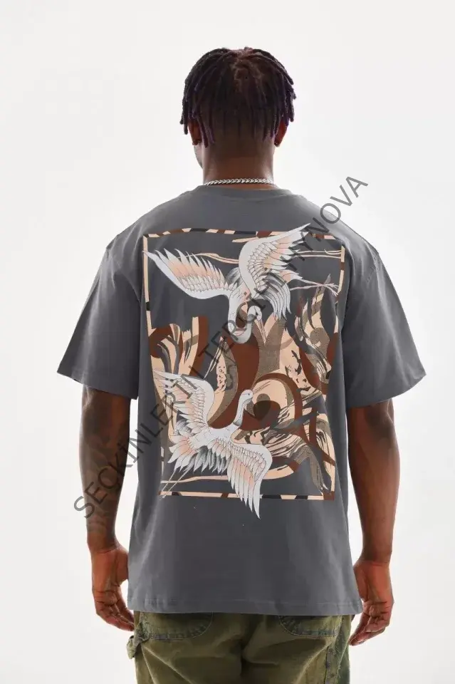 Unisex Baskılı Oversize T-Shirt - Füme