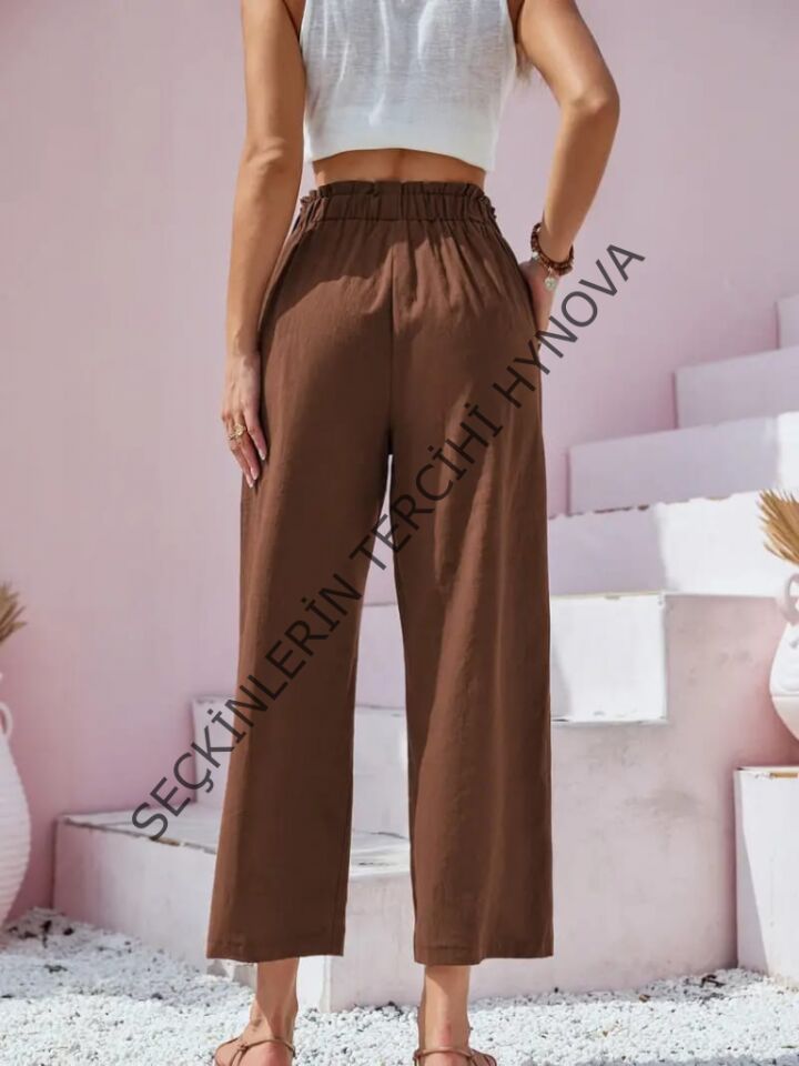Kadın Bel Büzgü Ve Düğme Detay Kısa Geniş Paça Keten Pantolon