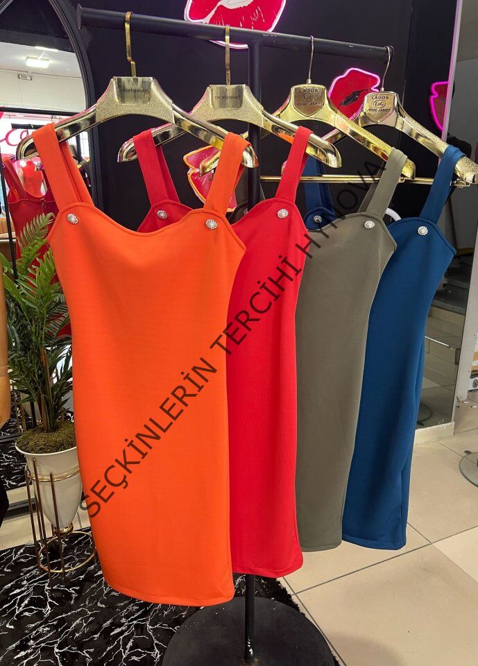 Kadın Dalgıç Kumaş Düğmeli Fermuarlı Askılı Elbise