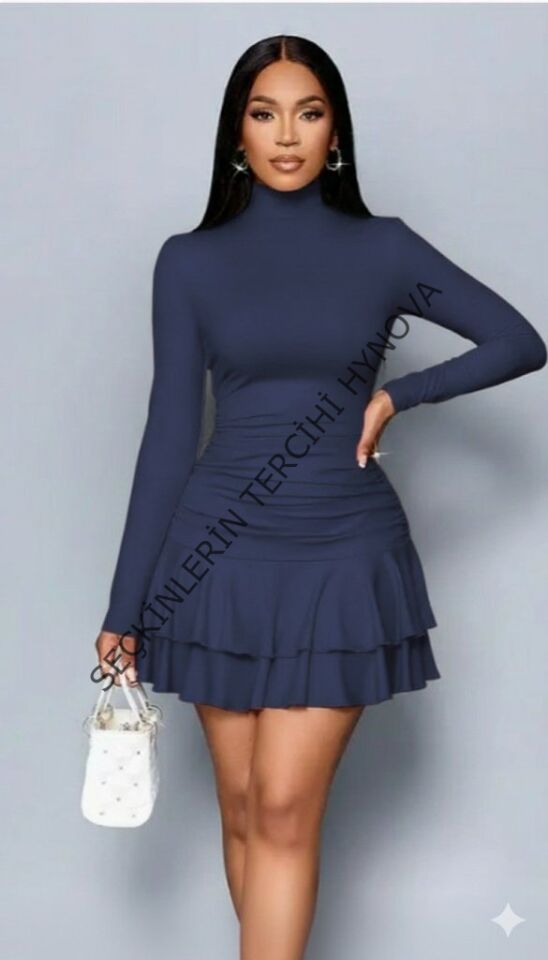 Kadın Uzun Kollu Balıkçı Yaka Mini Fırfırlı Sandy Elbise