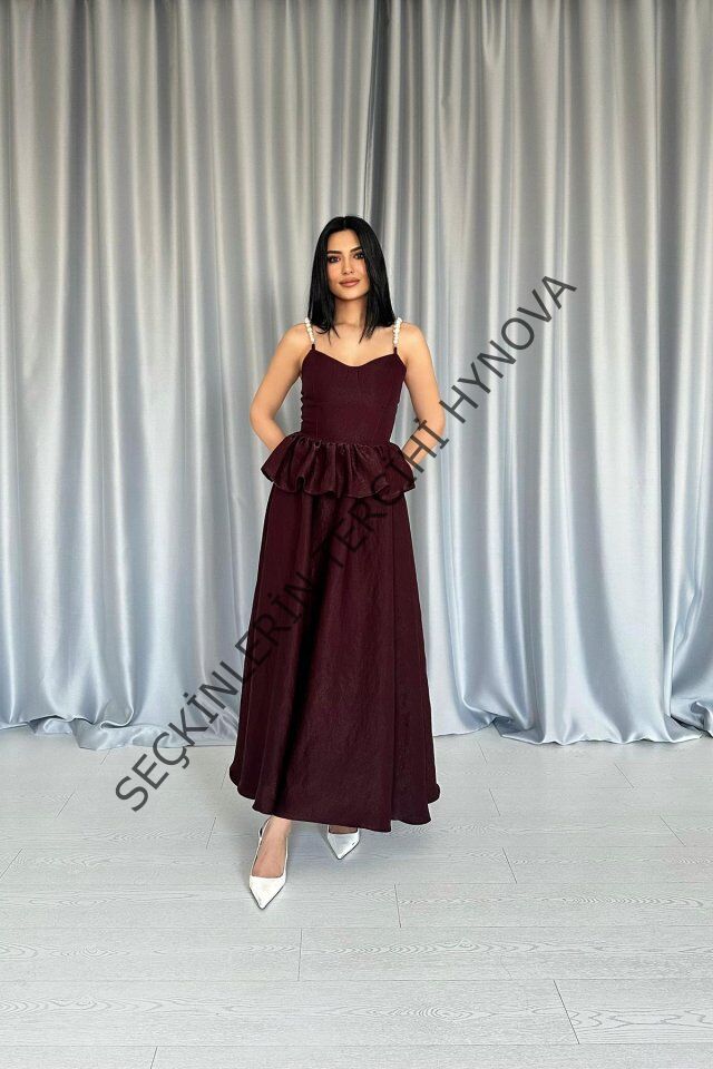 Bordo Beli Büzgülü İnci Askılı Uzun Elbise