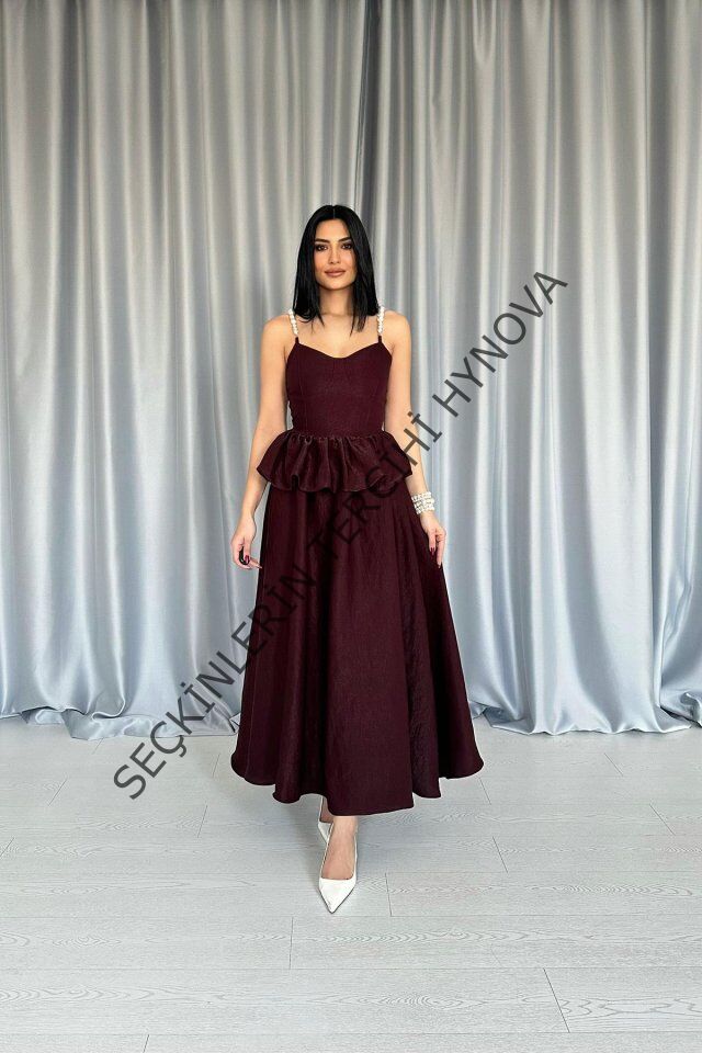 Bordo Beli Büzgülü İnci Askılı Uzun Elbise