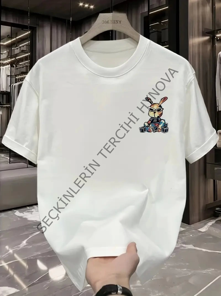 Baskılı Oversize Bisiklet Yaka T-shirt - Beyaz