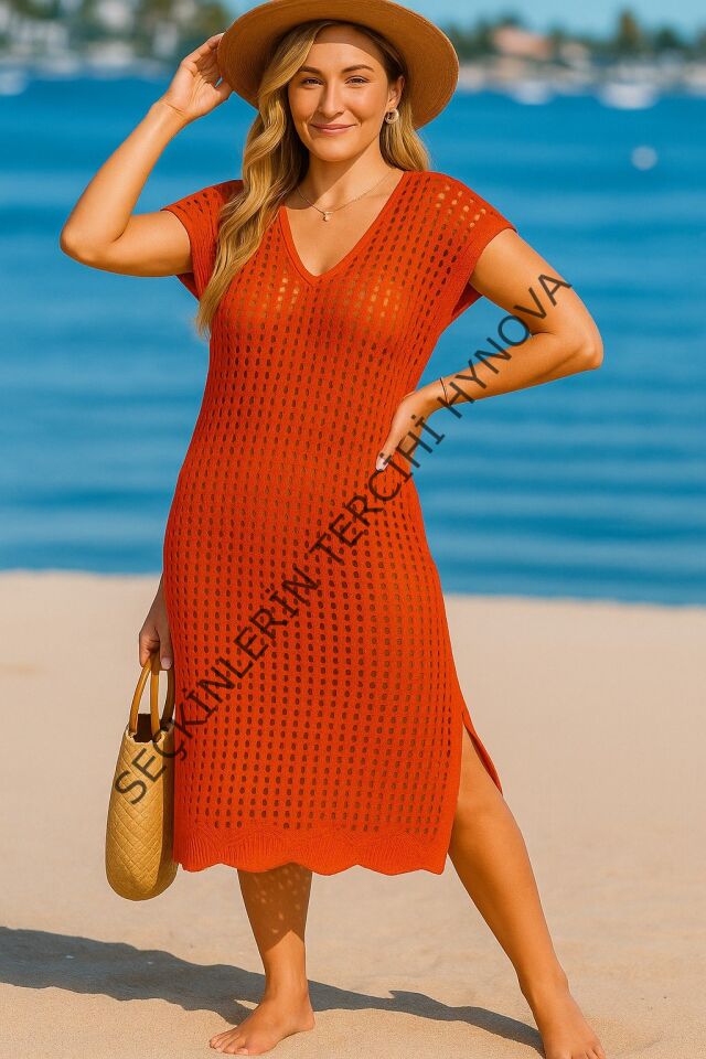 Kadın Sıfır Kol V Yaka Yanı Derin Yırtmaçlı Midi Boy Triko Elbise