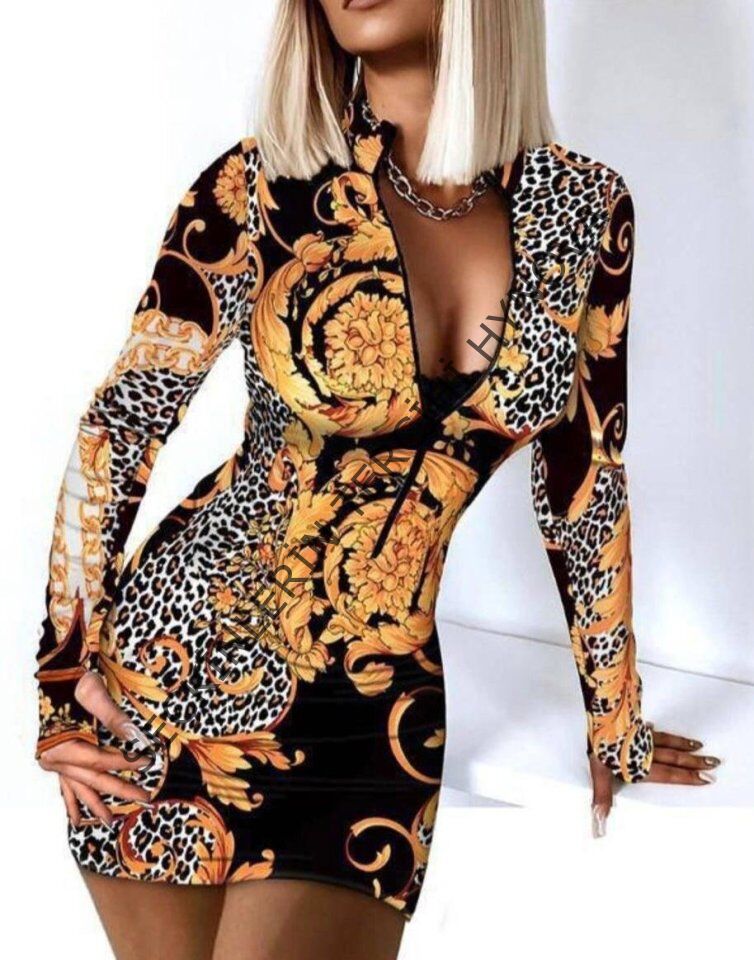 Kadın Fermuar Detay Dalgıç Kumaş Desenli Elbise