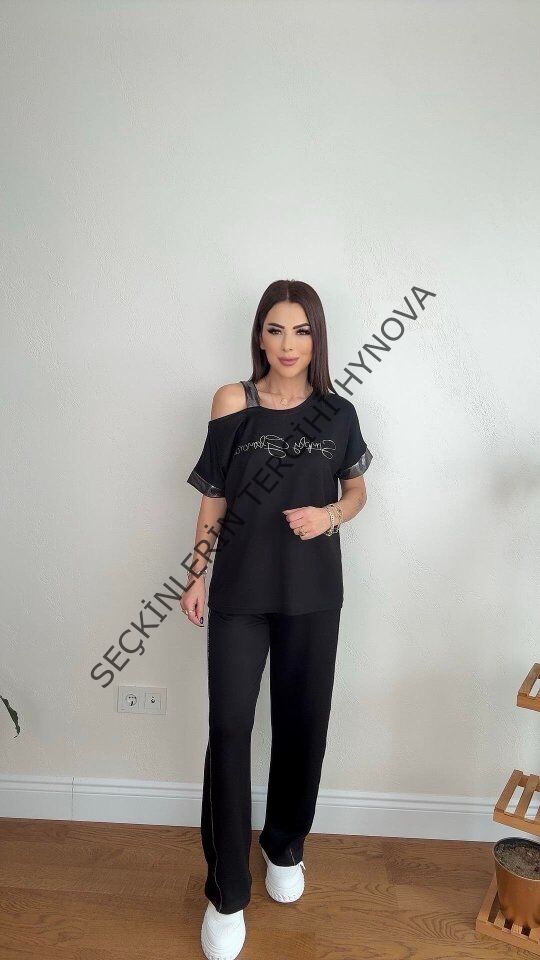 Kadın Kumaş Omuz Dekolteli Siyah Takım