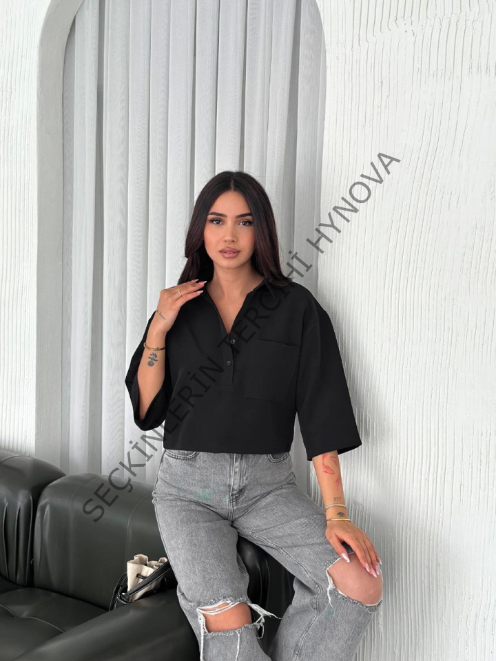 Crop Yakalı Gömlek Üç Çeyrek Sleeve Kol - Siyah