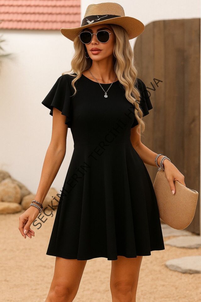 Kadın Kısa Kelebek Kollu Bisiklet Yaka Janjan Krep Elbise