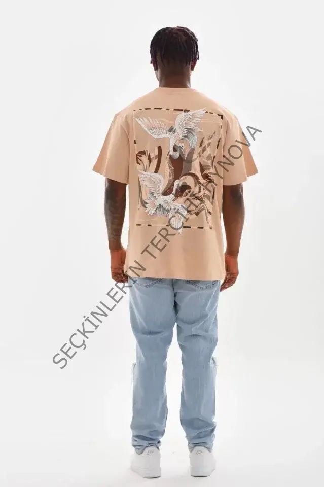 Unisex Baskılı Oversize T-Shirt - Bej