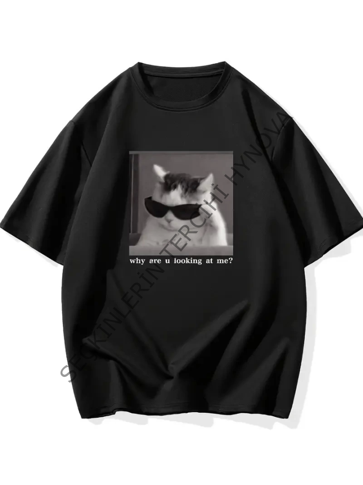 Baskılı Oversize Bisiklet Yaka T-shirt - Siyah