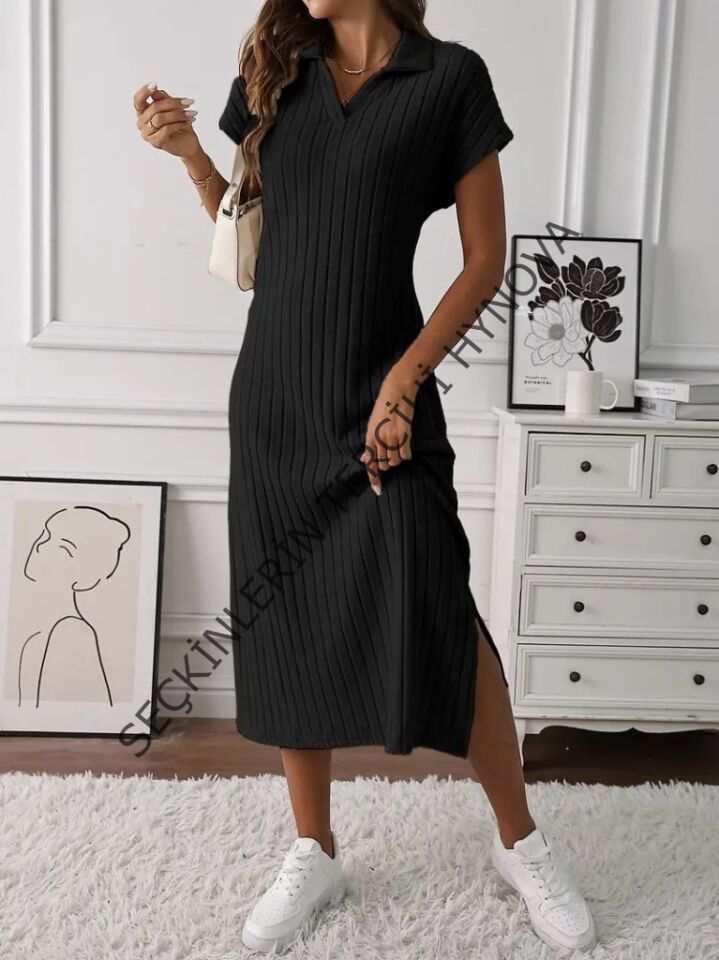 Kadın Kısa Kollu Yakalı Yandan Yırtmaçlı Kalın Fitilli Kaşkorse Elbise