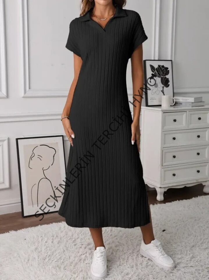 Kadın Kısa Kollu Yakalı Yandan Yırtmaçlı Kalın Fitilli Kaşkorse Elbise