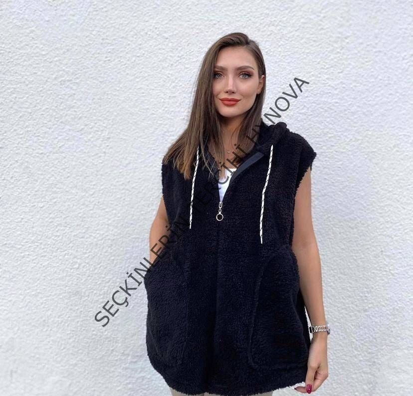 Kadın Kapüşon Ve Fermuar Detay Welsoft Kolsuz Yelek