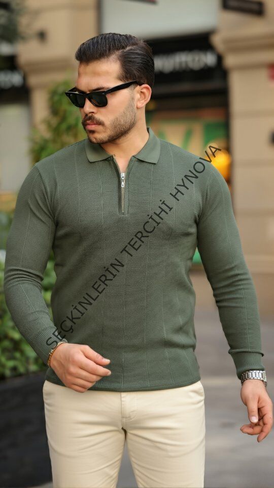 Erkek Pirinç Desenli Uzun Kollu Yakalı Triko