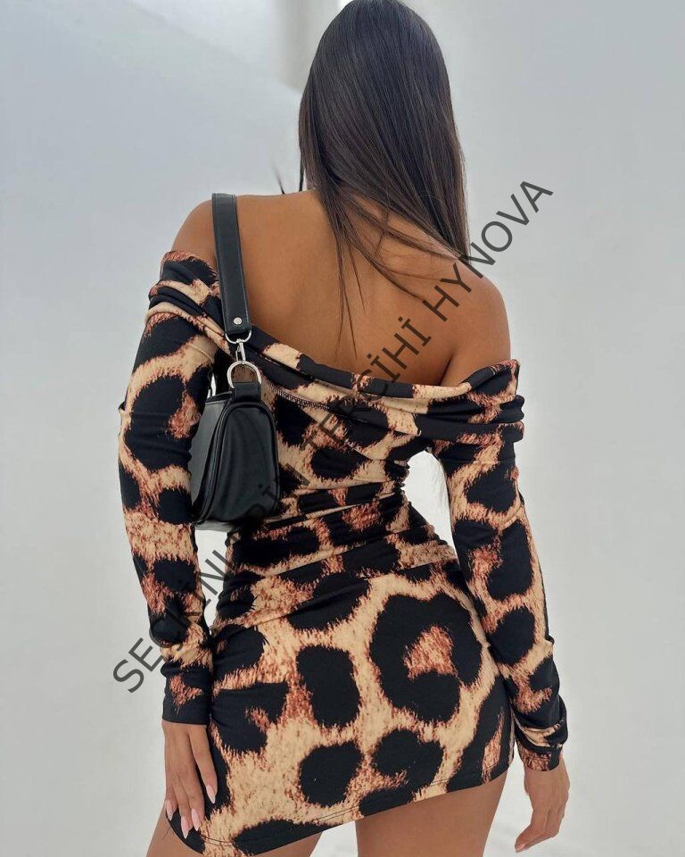 Kadın Madonna Mendil Yaka Leopar Desen Mini Elbise