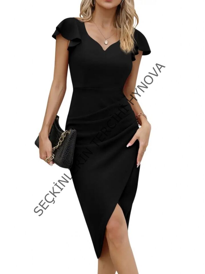 Kadın Kısa Kollu Kalp Yaka Yanlardan Büzgü Detay Midi Janjan Krep Elbise