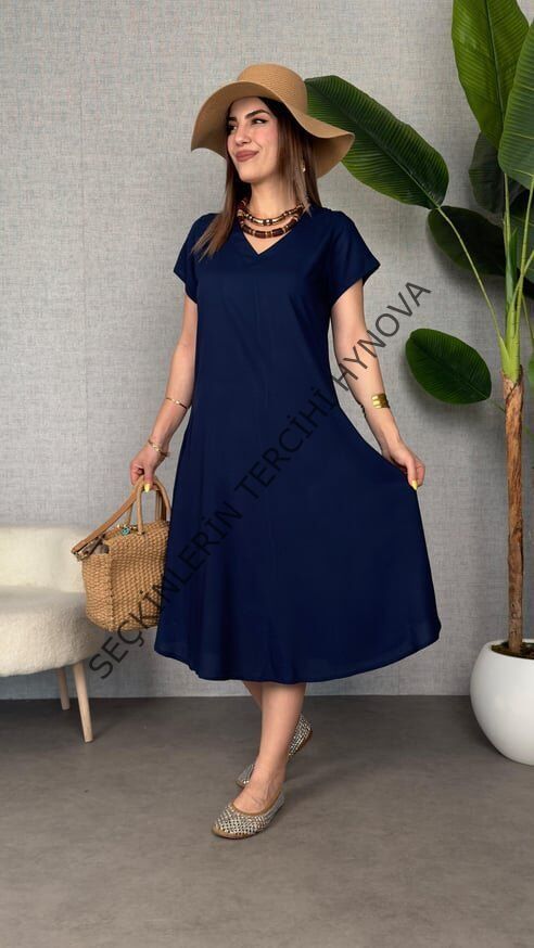 Kadın Kısa Kollu V Yaka Salaş Maxi Boy Elbise