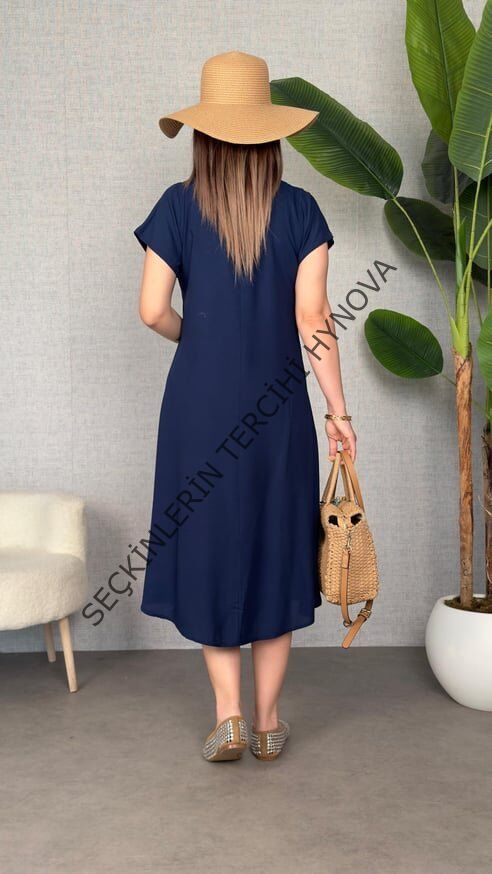 Kadın Kısa Kollu V Yaka Salaş Maxi Boy Elbise