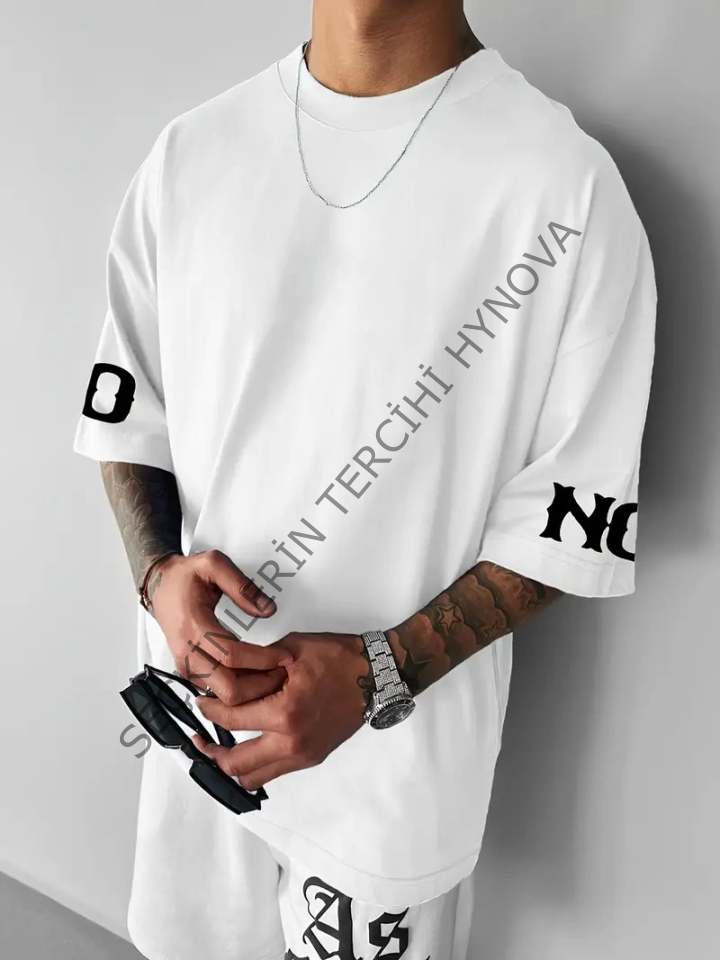 Baskılı Oversize Bisiklet Yaka T-shirt - Beyaz