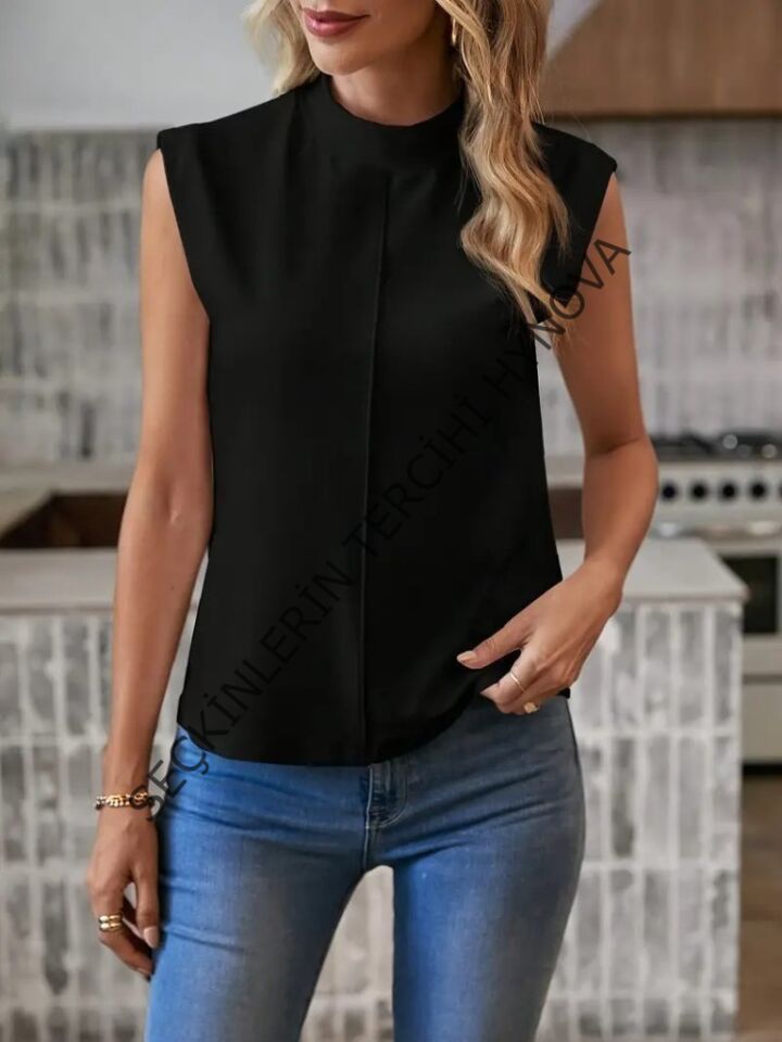 Kadın Kısa Reglan Kollu Yarı Balıkçı Yaka Ithal Krep Bluz