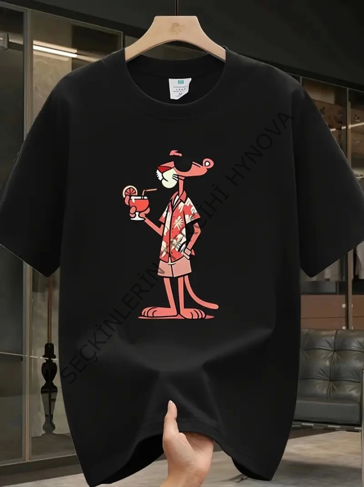 Baskılı Oversize Bisiklet Yaka T-shirt - Siyah