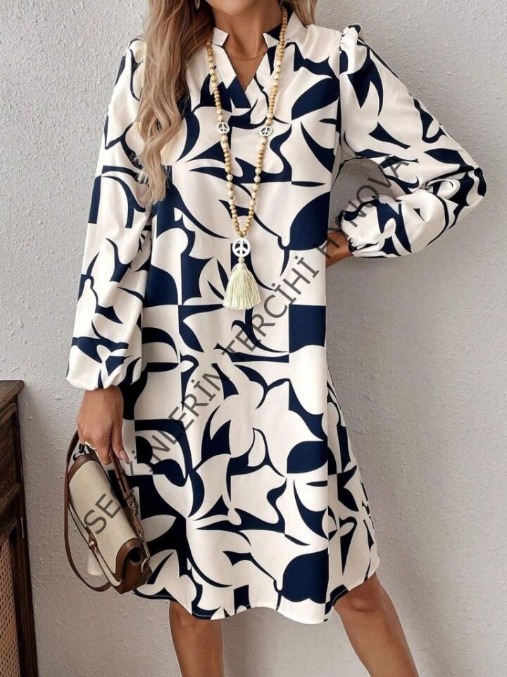 Kadın Uzun Kollu V Yakalı Desenli Modal Mini Elbise