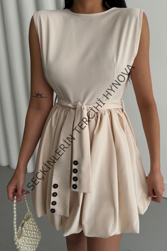 BALON ETEKLİ TASARIM KISA ELBİSE - Bej