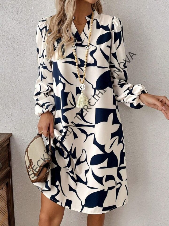 Kadın Uzun Kollu V Yakalı Desenli Modal Mini Elbise