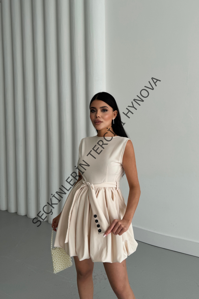 BALON ETEKLİ TASARIM KISA ELBİSE - Bej
