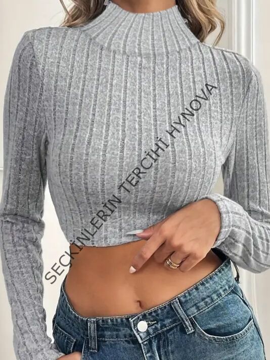 Kadın Uzun Kollu Balıkçı Yaka şardonlu Kaşkorse Krop Bluz