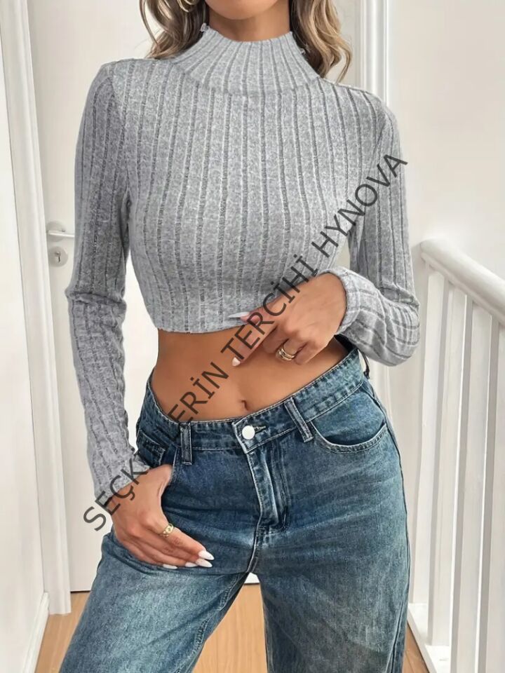 Kadın Uzun Kollu Balıkçı Yaka şardonlu Kaşkorse Krop Bluz