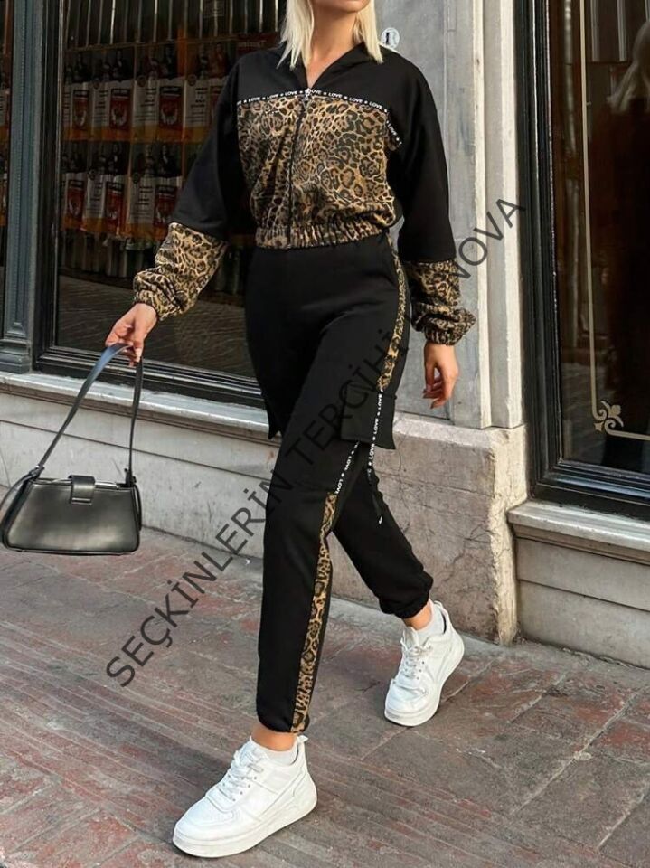 Kadın Uzun Kollu Kapşonlu Leopar Desenli Viskon Iki Iplik Bluz Ve Pantolon Ikili Takım