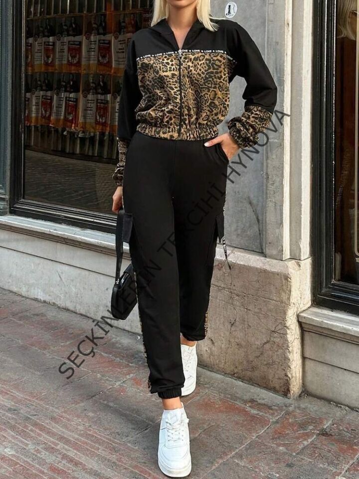 Kadın Uzun Kollu Kapşonlu Leopar Desenli Viskon Iki Iplik Bluz Ve Pantolon Ikili Takım