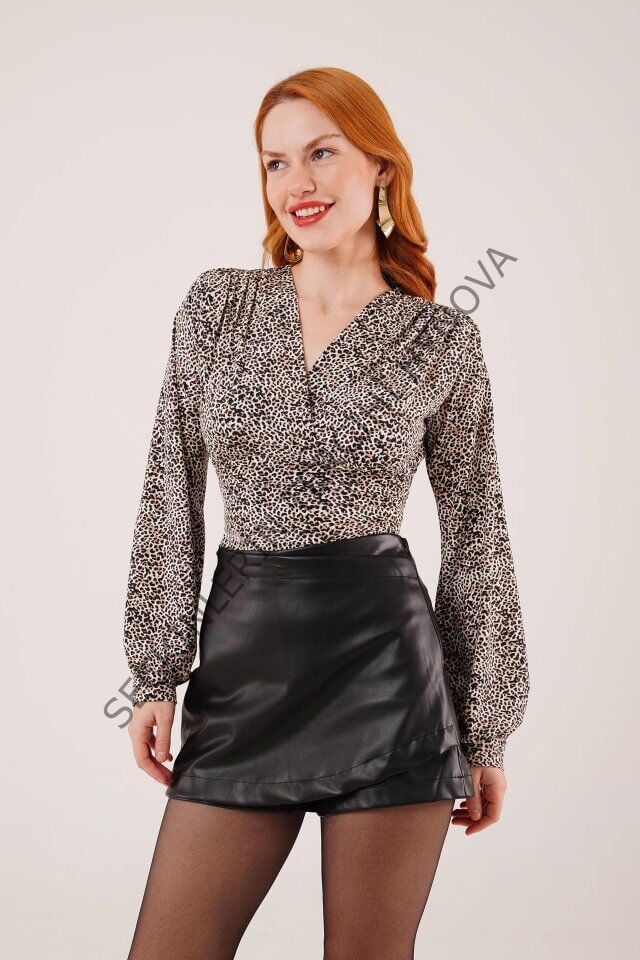 Mini Leopar Desen V Yaka Bluz