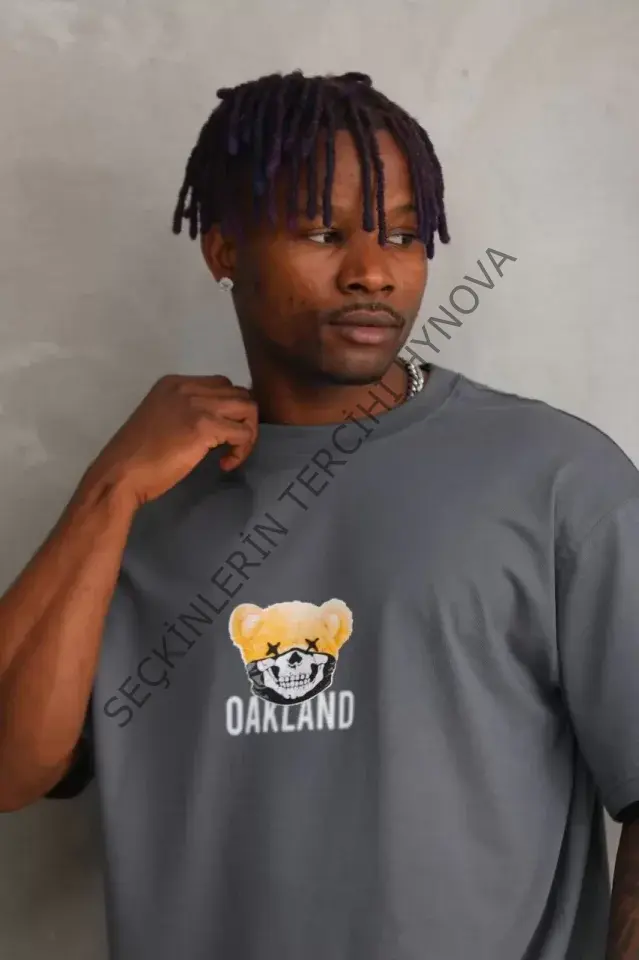 Unisex Baskılı Oversize T-Shirt - Füme