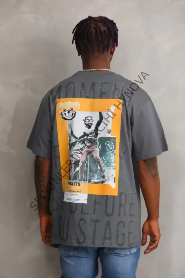 Unisex Baskılı Oversize T-Shirt - Füme