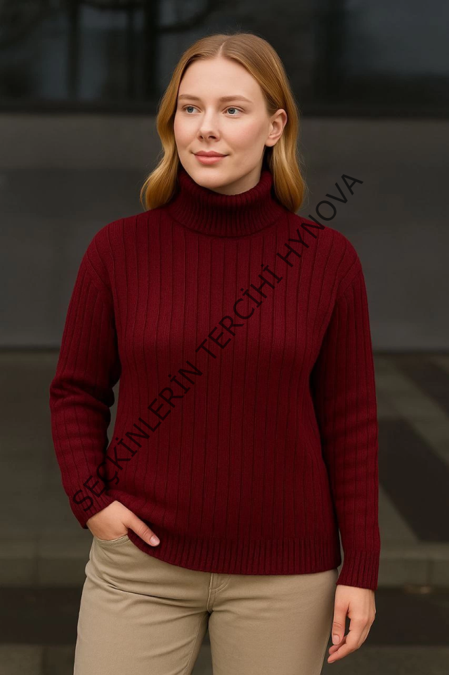 Balıkcı Yaka Bağazlı Triko Kazak Pamuklu Kalın Fitilli Dokuma - Bordo