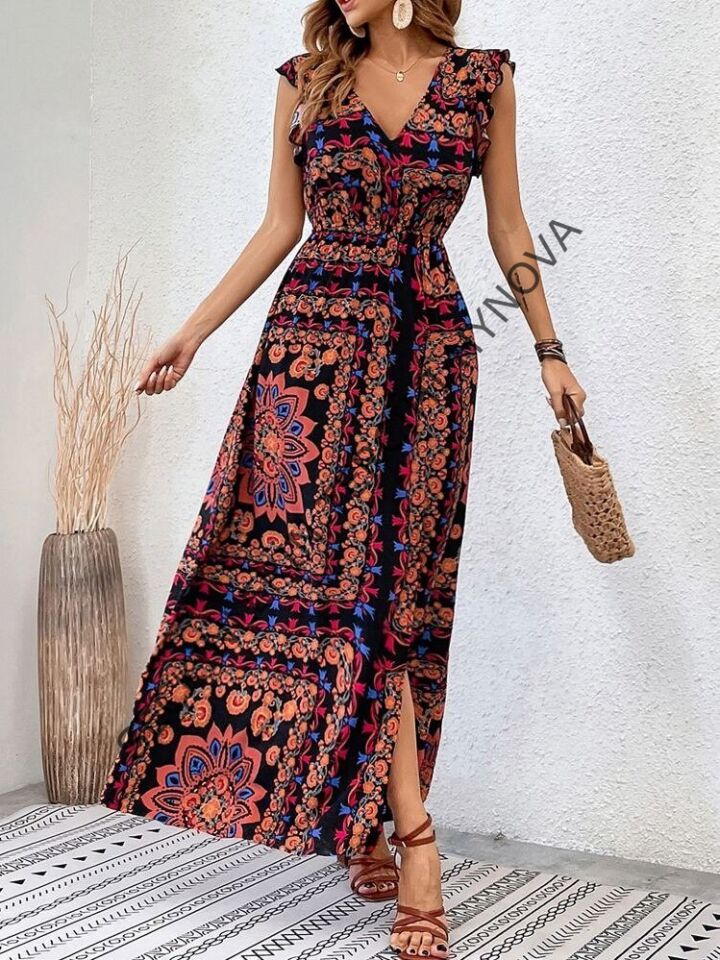 Kadın Kısa Kollu V Yakalı Deseni Yırtmaçlı Süprem Elbise