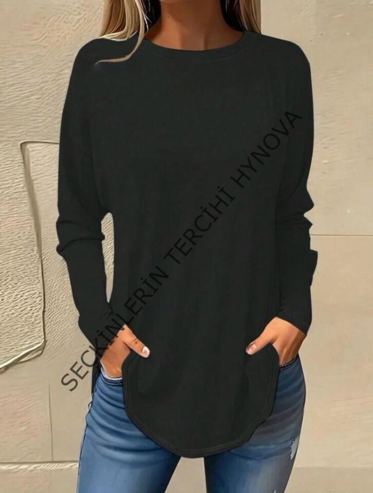 Kadın Uzun Kollu Yuvarlak Yaka Salaş Iki Iplik Bluz