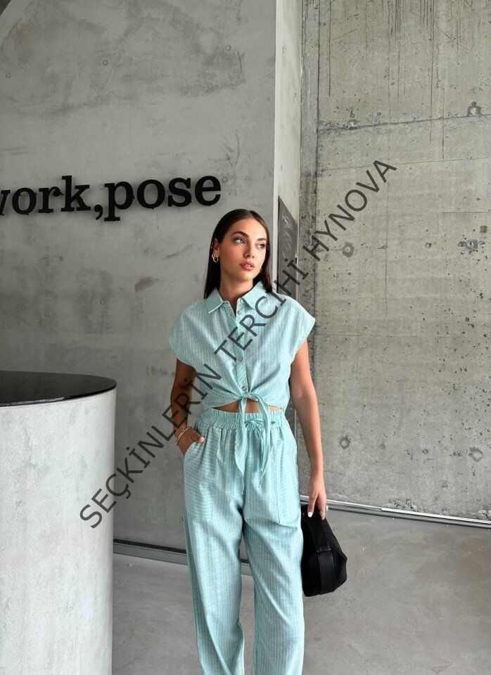 ÇİZGİLİ KETEN KOLSUZ CROP PANTOLON TAKIM - Yeşil