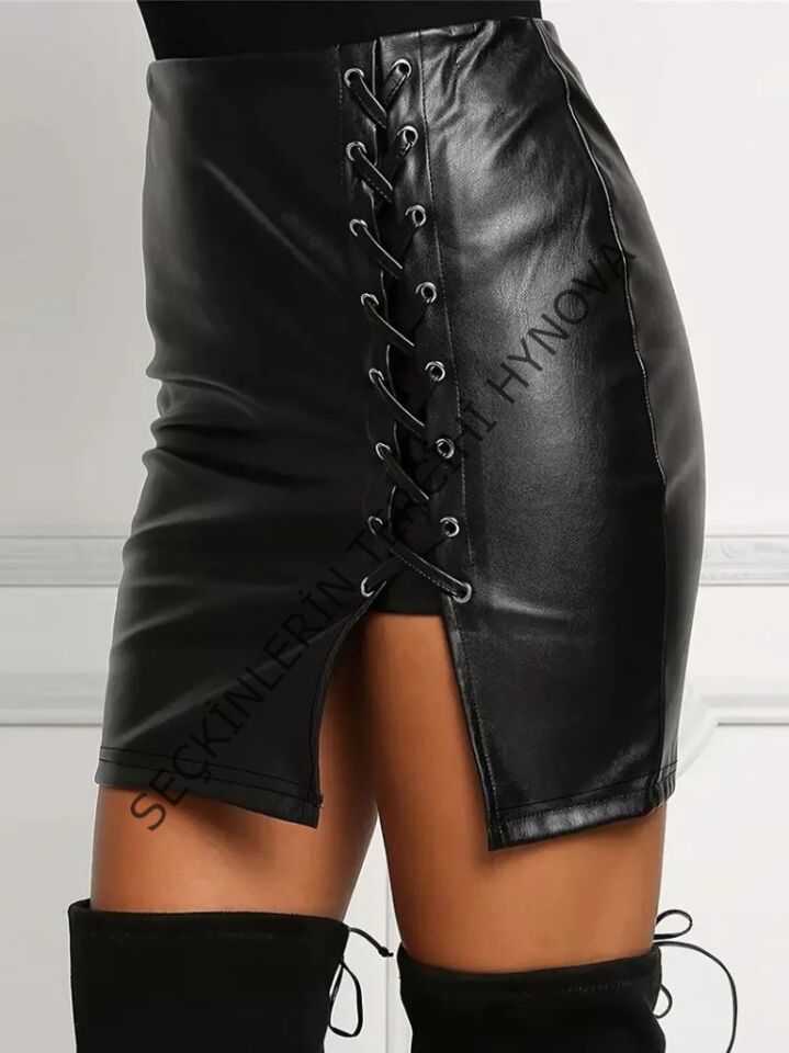 Kadın Yüksek Bel Yandan çapraz Bağcıklı Yırtmaçlı Mini Deri Etek