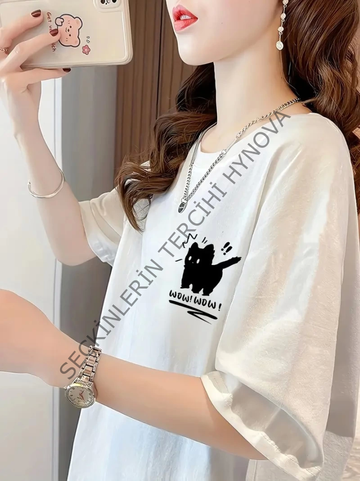 Baskılı Oversize Bisiklet Yaka T-shirt - Beyaz