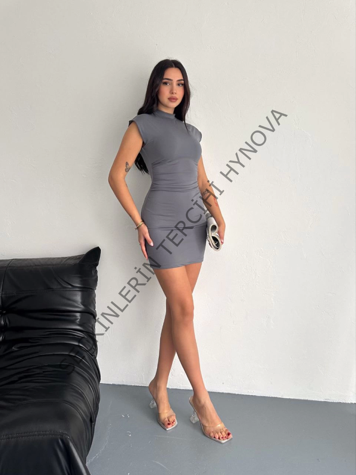 Yarım Bogazlı Kolsuz Mini Boy Elbise - Gri