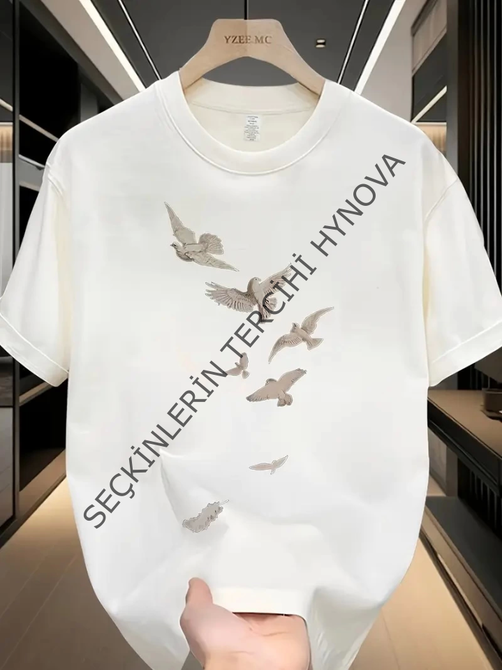 Baskılı Oversize Bisiklet Yaka T-shirt - Beyaz